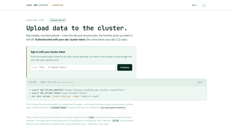 Upload portal for resumable data transfer